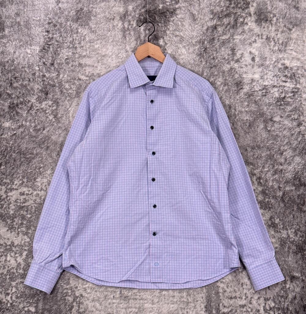David Donahue Dress Shirt 17 Mens Trim Fit Plaid Long Sleeve Button
